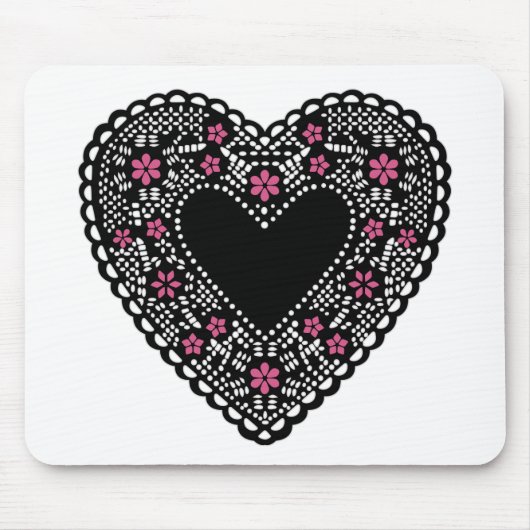 Tapis De Souris Coeur de dentelle noir et rose (Devant)