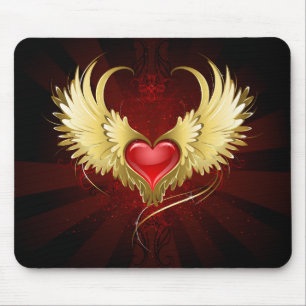 Tapis De Souris Coeur rouge avec ailes d'or