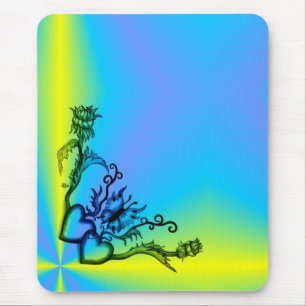 Tapis De Souris Coeurs avec fleurs et papillon en style tatouage
