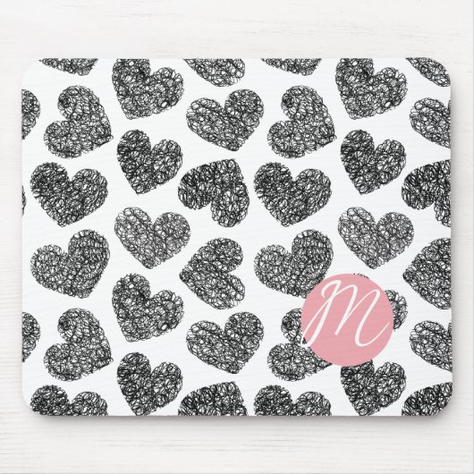 Tapis De Souris Coeurs de Doodle Noir et Blanc modernes Monogramme (Devant)