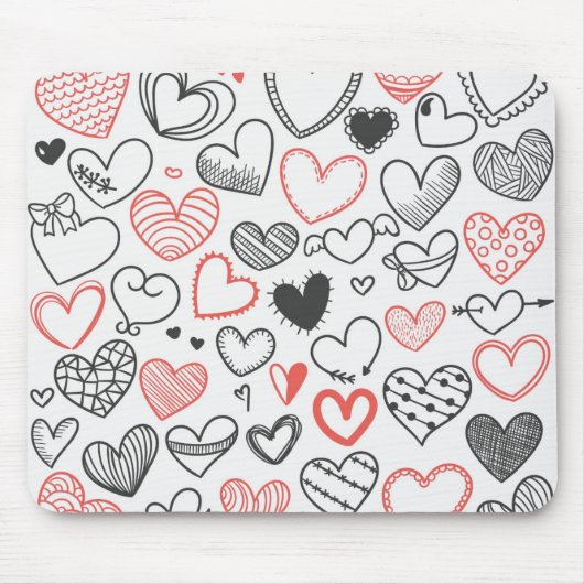 Tapis De Souris Coeurs de doodle Valentine rouge et noir hipster (Devant)