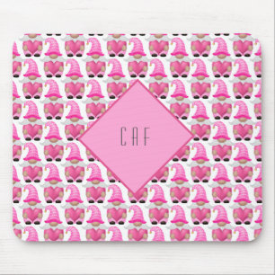 Tapis De Souris Cœurs de gnomes roses monogramme bois mignon