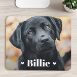 Tapis De Souris Coeurs de nom de chat de chien animal<br><div class="desc">Mousepad avec votre photo d'animal de compagnie personnalisée avec le nom de l'animal comme un texte blanc recouvert de deux coeurs.</div>