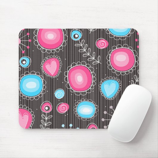 Tapis De Souris Coeurs et fleurs rose et bleu Whimsical (Avec souris)
