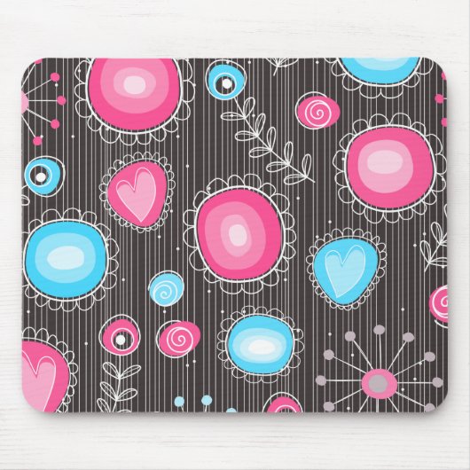 Tapis De Souris Coeurs et fleurs rose et bleu Whimsical (Devant)