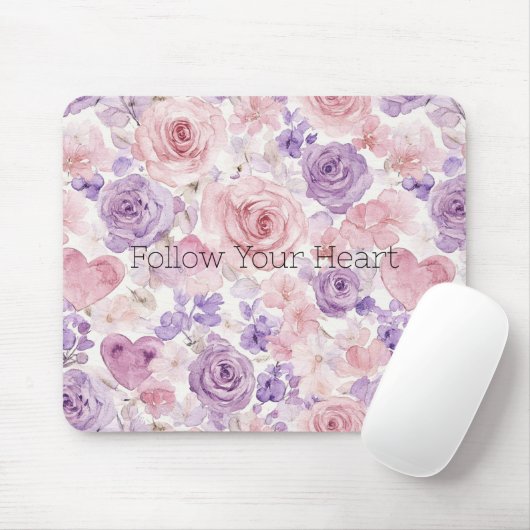 Tapis De Souris Cœurs Fleurs Rose Violet (Avec souris)