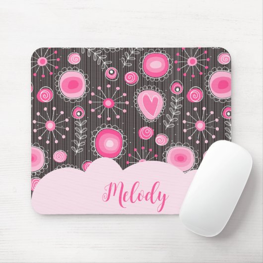 Tapis De Souris Coeurs gris rose blanc et nom fleuri (Avec souris)