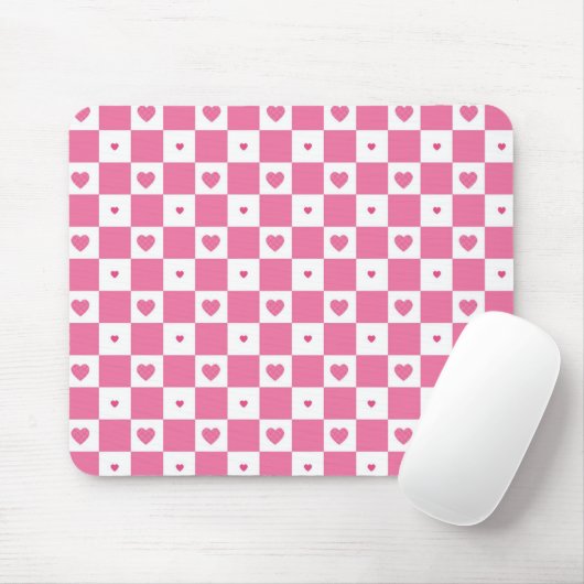 Tapis De Souris Coeurs rose mignon Fille rose Motif Checker blanc (Avec souris)