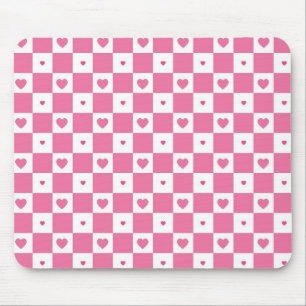 Tapis De Souris Coeurs rose mignon Fille rose Motif Checker blanc
