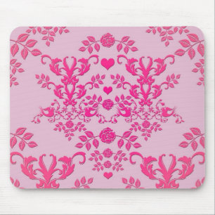 Tapis De Souris Cœurs roses vintage et damas oiseaux d'amour