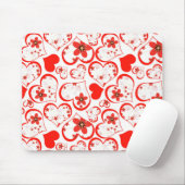 Tapis De Souris Cœurs rouges et fleurs sur fond blanc (Avec souris)