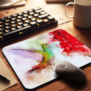 Tapis De Souris Colibri à l'aquarelle se nourrissant de fleur roug