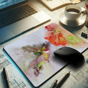 Tapis De Souris Colibri à l'aquarelle se nourrissant d'une fleur v