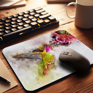 Tapis De Souris Colibri buvant sur une fleur rose Aquarelle