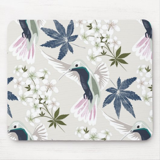 Tapis De Souris Colibris et fleurs blanches. (Devant)