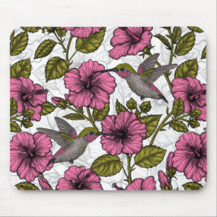 Tapis De Souris Colibris et fleurs d'hibiscus roses