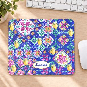 Tapis De Souris Collage de Citrus Sicilien Bleu Élégant Rose