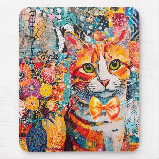 Tapis De Souris Collage de papier mixte chat (Devant)