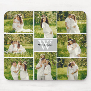 Tapis De Souris Collage de photos gris monogramme classique