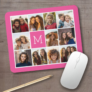 Tapis De Souris Collage de photos Instagram rose vif Monogramme pe