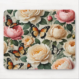 Tapis De Souris Collage Floral vintage avec papillons et Roses