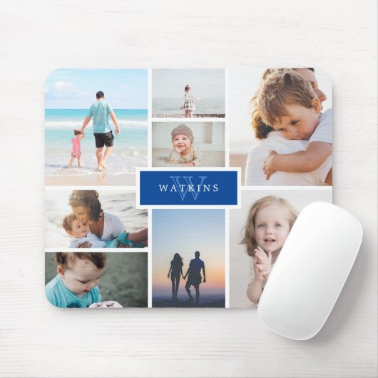Tapis De Souris Collage photo famille simple & Monogramme bleu (Avec souris)