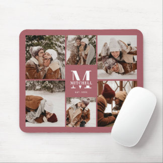 Tapis De Souris Collage photo moderne Monogramme personnalisé rose