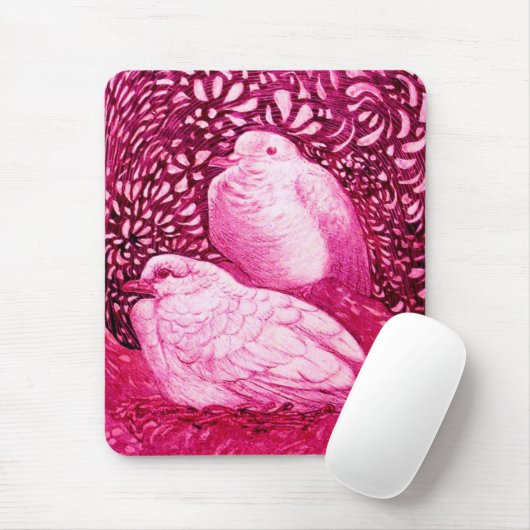 TAPIS DE SOURIS COLOMBES BLANCHES EN FUCHSIA ROSE (Avec souris)
