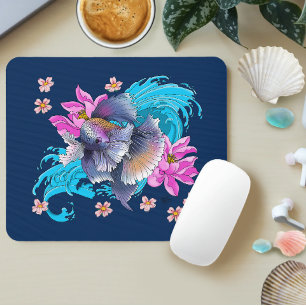 Tapis De Souris Combattant siamois Betta Poisson Lotus Vagues Bleu