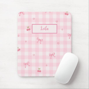 Tapis De Souris Conception de nom de script à nœud cerise en vichy