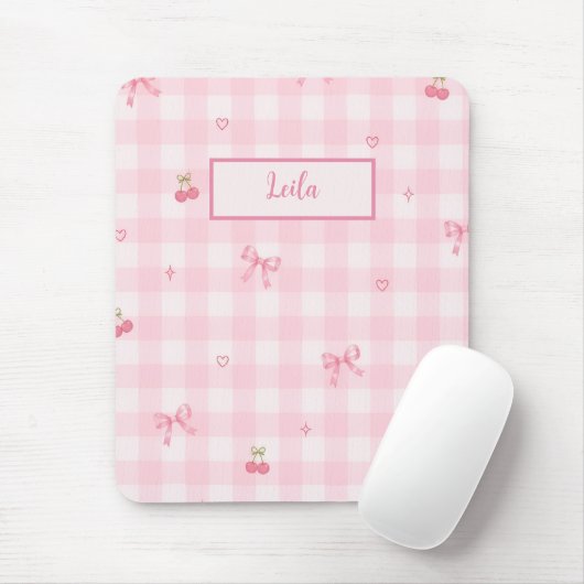Tapis De Souris Conception de nom de script à nœud cerise en vichy (Avec souris)
