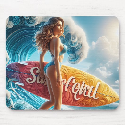 Tapis De Souris Confident Surfer Girl Walking Beach Waves Art (Devant)
