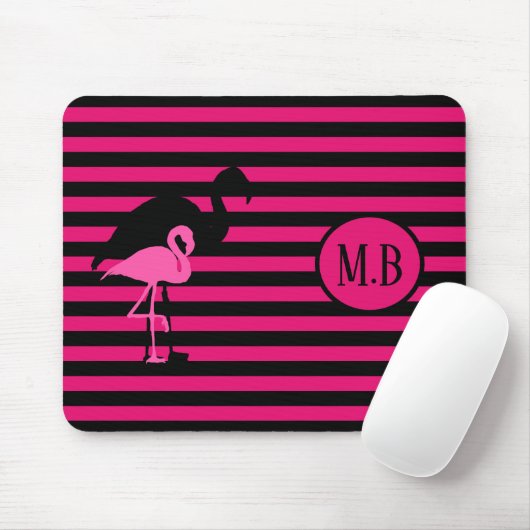 Tapis De Souris Cool Flamant rose noir et rose rayures Monogramme (Avec souris)