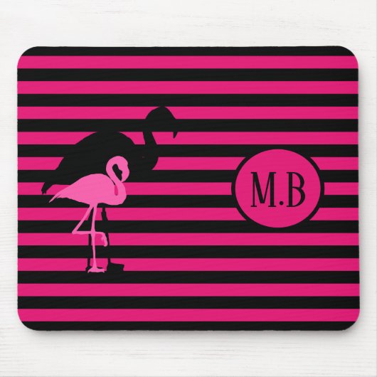 Tapis De Souris Cool Flamant rose noir et rose rayures Monogramme (Devant)