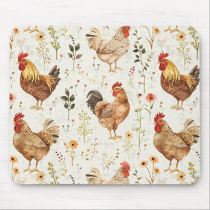 Tapis De Souris Coqs de ferme Poules Fleurs