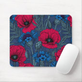 Tapis De Souris Coquelicots rouges et fleurs bleues sur bleu (Avec souris)