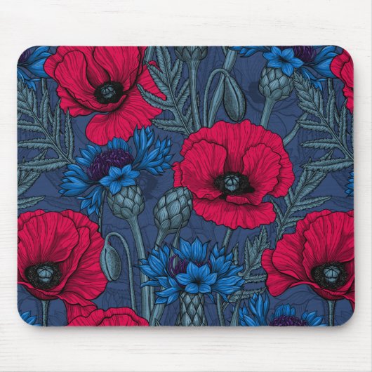 Tapis De Souris Coquelicots rouges et fleurs bleues sur bleu (Devant)