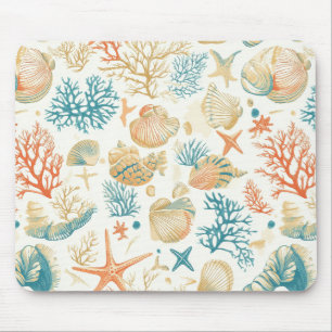 Tapis De Souris Coquilles Fantaisistes & Corail avec Accents Bleus