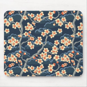 Tapis De Souris Corail Crème Sakura Bleu Marine Motif Floral