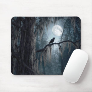 Tapis De Souris Corbeau d'Halloween dans une forêt sinistre