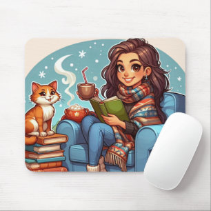 Tapis De Souris Cosy Girl : Boisson chaude et lectures favorites