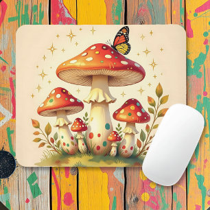 Tapis De Souris Cottage Core Champignons et Papillon Vintage