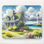Tapis De Souris Cottage With View Of The Lighthouse<br><div class="desc">A dreamy coastal cottagecore landscape filled with soft watercolor charm and breezy seaside tranquility. A welcoming seaside cottage sits among lush garden paths, blooming flowers, and a bright white picket fence, creating a warm storybook atmosphere. In the distance, a tall lighthouse rises beside sparkling blue ocean waves, adding a classic...</div>