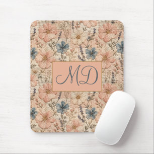 Tapis De Souris Cottagecore Rose Bleu Floral Doux Bureau Esthétiqu