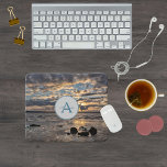 Tapis De Souris Coucher de soleil à la mer photo avec monogramme e<br><div class="desc">Un monogramme et un nametag modernes sur une photo d'un coucher de soleil romantique sur la mer Baltique en Allemagne sur un tapis de souris.</div>