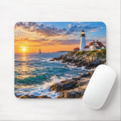 Tapis de souris coucher de soleil côtier avec phar (Avec souris)