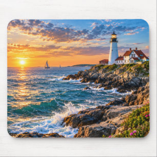 Tapis de souris coucher de soleil côtier avec phar