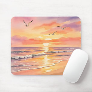 Tapis De Souris Coucher de soleil sur la plage avec des oiseaux