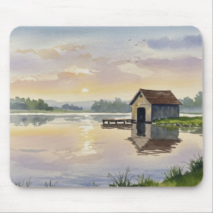 Tapis De Souris Coucher de soleil sur le lac Pastel Cabine de Quai