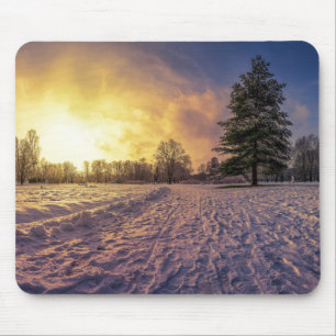 Tapis De Souris Coucher de soleil sur le parc d'hiver enneigé